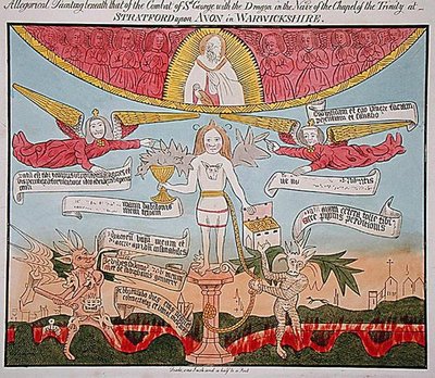 Allegorikus festmény a Szent György sárkánnyal festmény alatt a Szentháromság-kápolna hajójában, „Ősi allegorikus, történelmi és legendás festményekből, Freskóban, felfedezve 1804-ben, Szentháromság-kápolna, Stratford-upon-Avon” , szerző: John G. alkotó: English School