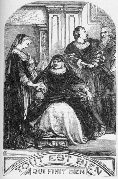 Minden rendben van, ami jól végződik – Illusztráció a „” William Shakespeare műveivel kiegészítve” című könyvben” 1866 – A kiadás illusztrációi és általános formája Cassell illusztrált Shakespeare-jéből származik, amely Londonban jelent meg alkotó: English School