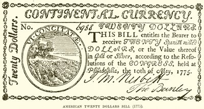 Amerikai húszdolláros bankjegy (1775) alkotó: English School