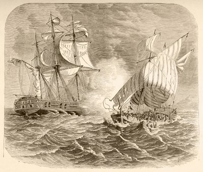 Egy amerikai haditengerészet hajója elfog egy algériai kalózhajót a Barbary Coastnál az első barbár háború (litho) idején alkotó: English School