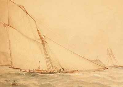 Egy nyolc méteres, gaffelkötélzetű topsail cutter, The Royal Yacht Squadron, 1860 körül (akvarell, papír) alkotó: English School