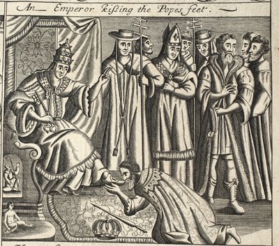 Egy császár megcsókolja a pápák lábát, illusztráció a Cselekedetek és emlékművekből, John Foxe, kilencedik kiadás, pub. 1684 alkotó: English School