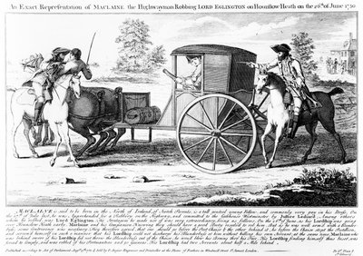 Pontos ábrázolása Maclaine, az országúti embernek, aki kirabolta Lord Eglingtont a Hounslow Heath-en 1750. június 26-án, Charles Mosley lenyomata, 1750 alkotó: English School
