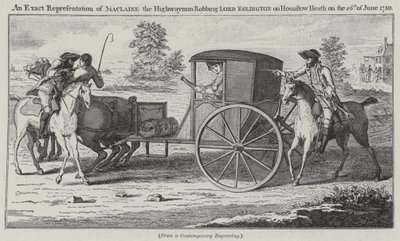 Pontos ábrázolása Maclaine, a Highwaymannek, aki 1750. június 26-án kirabolja Lord Eglingtont a Hounslow Heath-en (metszet) alkotó: English School