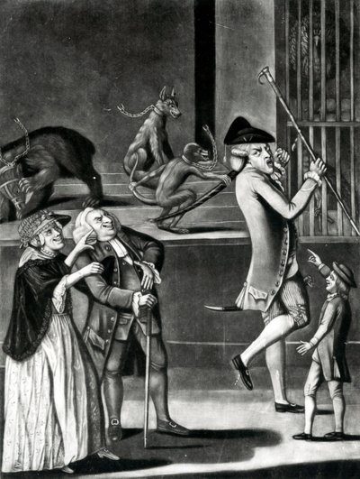 Vadállatok kiállítása vagy a bajba jutott makaróni, 1774 (mezzotint) alkotó: English School