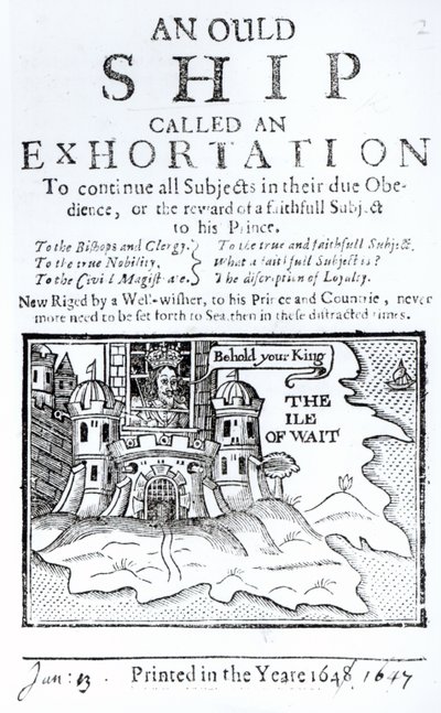 Egy buzdításnak nevezett Ould-hajó, I. Károly a Carisbrooke kastélyban raboskodik Wight-szigetén, 1647 körül alkotó: English School