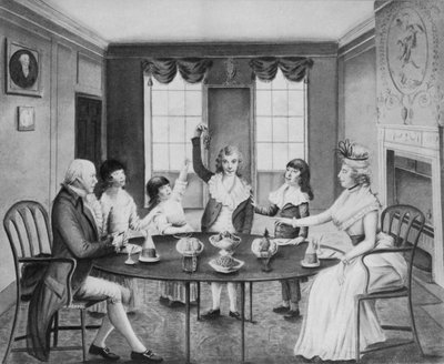 Belső egy asztalnál ülő hölgy és úriember, mögötte négy gyermekük áll, 1780 körül alkotó: English School