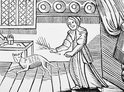 Egy öregasszony, aki a macskáját ostorozza, amiért egereket fogott vasárnap, ezoterika chapbook-gyűjteményéből, 14-c17. alkotó: English School