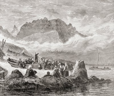 Szabadtéri szolgáltatás Skye szigetén, Belső Hebridákon, Samuel G. Green 1886-ban megjelent „Skót tollal és ceruzával rajzolt képek” című művéből. alkotó: English School