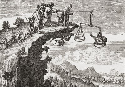 Szokatlan módszer a bűnözők vallomásának kicsikarására, Theodorus de Bry 16. századi rajza alapján. A jelenet azt mutatja, hogy a bűnöző az igazságtalanság mérlegében ül, miközben egy pap a szakadék fölé hajol, és készen áll a gyónásra. Feltételezhető alkotó: English School