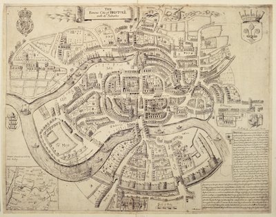 Bristol és külvárosainak ősi várostérképe, amelyet Robert Walton nyomtatott, színezett és értékesített alkotó: English School
