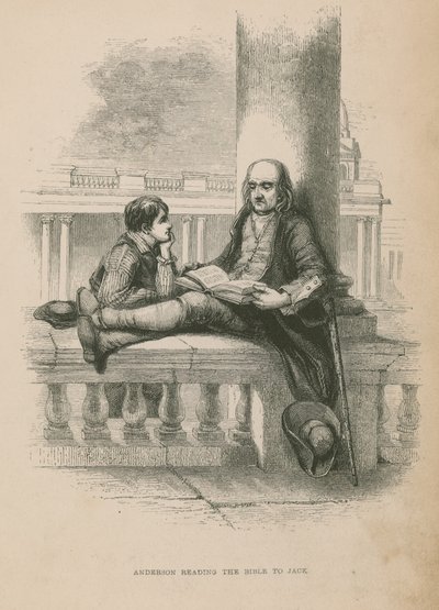 Anderson felolvassa Jacknek a Bibliát; illusztráció: Szegény Jack, Frederick Marryat alkotó: English School