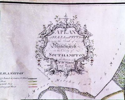 Archívum 5629 Leíró kartusz egy térképről: „Hall és Pitt farmok terve a Southampton megyei Mitchelmarsh plébánián, W. Goffe úr tulajdona, Richard Randall, földmérő” alkotó: English School
