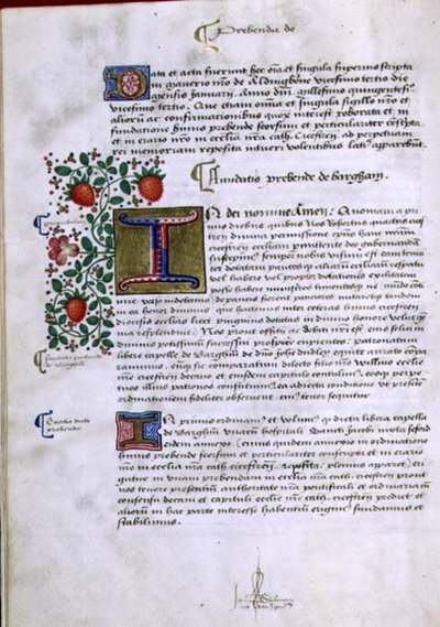 Archívum 9432 f.19v Szöveg oldala megvilágított „I” kezdőbetűvel, Robert Sherborne vagy Shirburn (kb. 1450-1536) Chichester püspöke (vellum) alapkönyvéből alkotó: English School