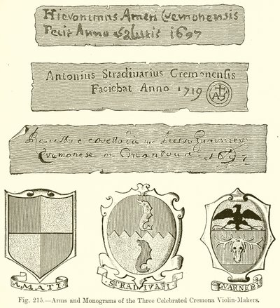 A három ünnepelt cremonai hegedűkészítő karjai és monogramjai alkotó: English School