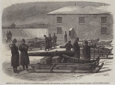 Armstrong ágyúk szánokon az Ordnance-Yardban, St John, New Brunswick, készen arra, hogy szárazföldön Kanadába szállítsák (metszet) alkotó: English School