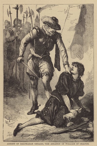 Balthazar Gerard, Narancs Vilmos merénylőjének letartóztatása (metszet) alkotó: English School