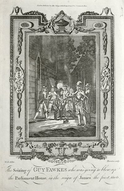 Guy Fawkes letartóztatása a lőporos összeesküvésben a Parlament házának felrobbantására irányuló kísérlet miatt, 1605. november 5. (metszet) alkotó: English School