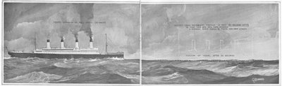 Cikk a „Nagy vonalhajók sebességéről: Olyan tényező, amely szükségessé teszi a fényszórókat és egyéb óvintézkedéseket”, a „The Sphere”-ből, 1912. május 4. (litho) (450833 részlet) alkotó: English School