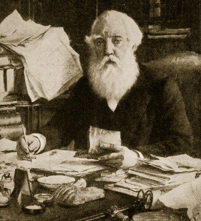 Austen Henry Layard az íróasztalánál ül alkotó: English School