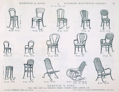 Osztrák hajlított fa székek a Hampton and Sonstól Bútorkatalógus, 1902, fekete-fehér metszet alkotó: English School
