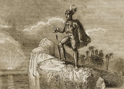 Balboa első pillantása a Csendes-óceánra 1513-ban, illusztráció a „Tales of Travelers or A View of the World”-ből, 1838-ban (litho) alkotó: English School