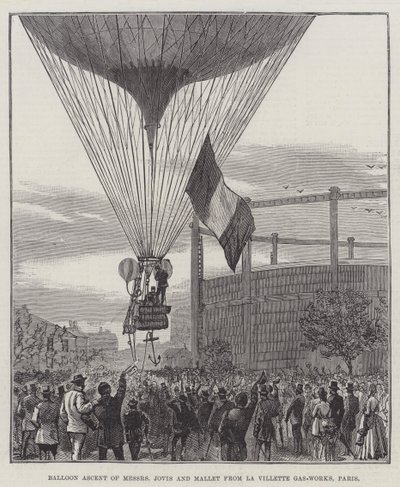 Messers Jovis és Mallet ballonos emelkedése a párizsi La Villette Gas-Works-ből (metszet) alkotó: English School