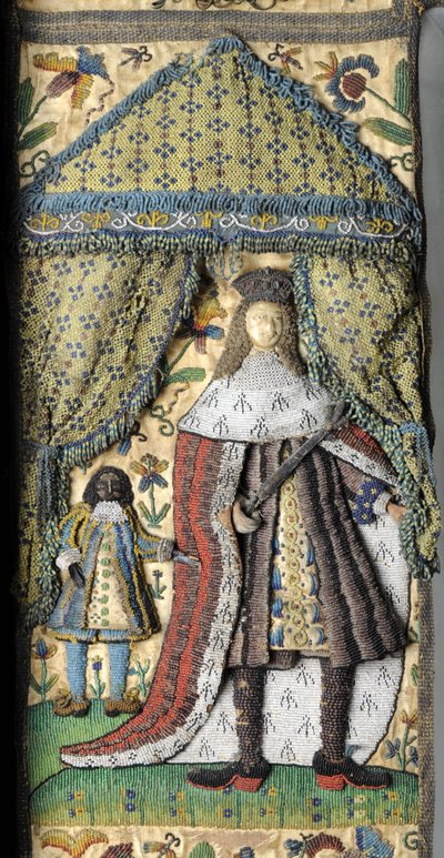 Gyöngyfűzött tükör, c. 1672-79 (selyem-, fém- és bőrszálak üveggyöngyökkel és spanglákkal, selyem-szatén köszörüléssel, tölgybe burkolva) alkotó: English School
