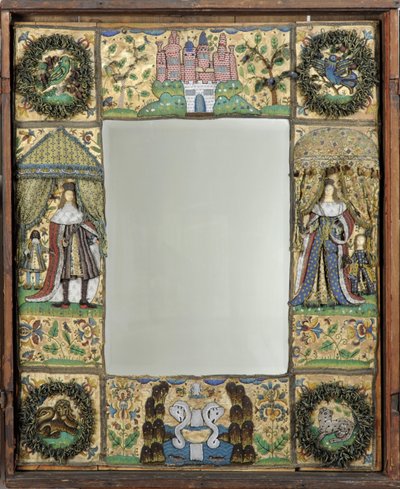 Gyöngyfűzött tükör, c. 1672-79 (selyem-, fém- és bőrszálak üveggyöngyökkel és spanglákkal, selyem-szatén köszörüléssel, tölgybe burkolva) alkotó: English School