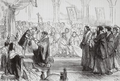 Beza bemutatja a francia protestáns egyház hitvallását a királynak a Poissy-i kollokvián, illusztrációja James Aitken Wylie (1808-1890) A protestantizmus történetéből, pub. 1878 (engra alkotó: English School
