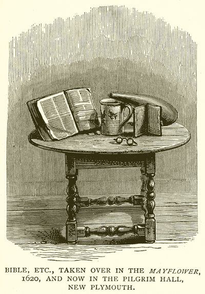 Biblia stb., átvett a Mayflowerben, 1620-ban, és most a Pilgrim Hallban, New Plymouthban alkotó: English School