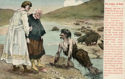 Bladud, a britek legendás királya, akiről azt mondták, hogy ő alapította Bath városát (színes litho) alkotó: English School
