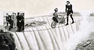 Blondin (Francois Gravelet) egy talicskát tol egy kötélen a Niagara-vízesés felett alkotó: English School
