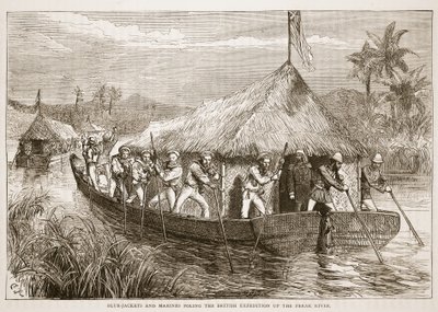 Kékkabátosok és tengerészgyalogosok a brit expedíción felfelé a Perak folyón, illusztráció a Cassells Illustrated History of Englandből alkotó: English School