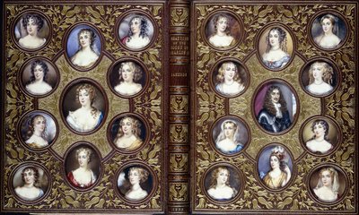 A könyv borítója huszonkét portréminiatúrával II. Károlyról és udvara gyönyörű nőiről, 1833 alkotó: English School