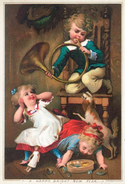 Fiú kürtöt fúj, újévi kártya alkotó: English School