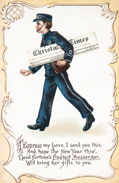 Fiúk szállítása Christmas Times újság, karácsonyi kártya alkotó: English School