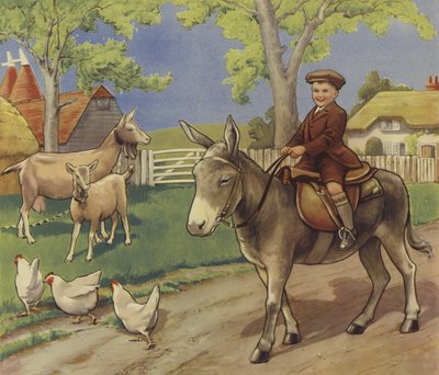 Szamáron lovagló fiú angol vidéken (színes litho) alkotó: English School