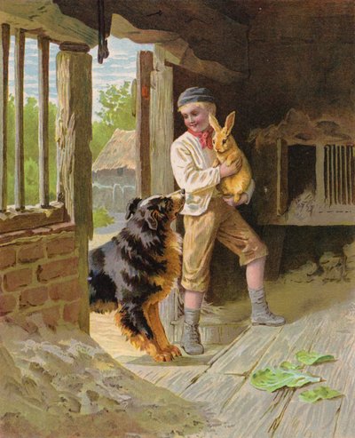 Fiú kutyával és nyúllal a farmon (chromolitho) alkotó: English School