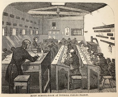 Fiúiskolai szoba a Tothill Fields-i börtönben, illusztráció a londoni bűnügyi börtönökből, valamint Henry Mayhew és John Binny jelenetek a börtönéletből, pub. 1862 alkotó: English School