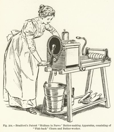 Bradfords Patent Multum a Parvo vajkészítő berendezésben, amely Fish-back Churnből és Butter-workerből áll alkotó: English School
