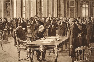 Nagy-Britannia miniszterelnöke aláírta a békeszerződést Németországgal a versailles-i Tükörcsarnokban, 1919. június 28-án alkotó: English School