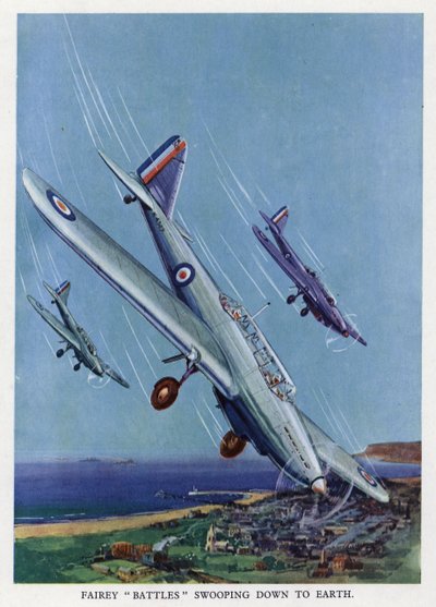 Brit Fairey Battle könnyű bombázók a föld felé merülve (színes litó) alkotó: English School