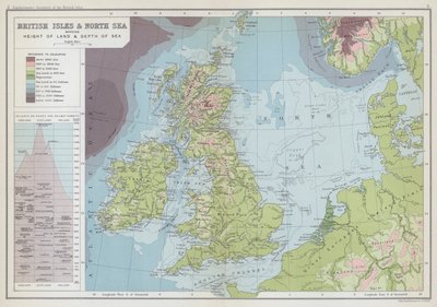A Brit-szigetek és az Északi-tenger a szárazföld magasságát és a tenger mélységét mutatja (színes litográfia) alkotó: English School