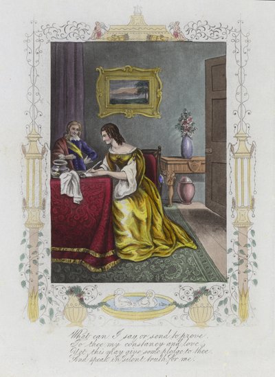 Brit Valentin-kártya egy íróasztalnál levelet író nő képével alkotó: English School