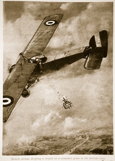 Brit repülős koszorút dob a bajtársi sírra a német vonalakban, 1914-1919 alkotó: English School