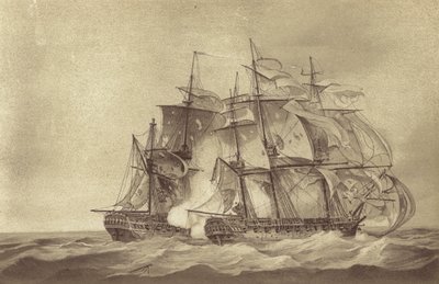 A Thomas Byam Martin kapitány parancsnoka által vezetett HMS Santa Margarita brit fregatt elfoglalja a francia Tamise fregattot, 1796. június (litho) alkotó: English School