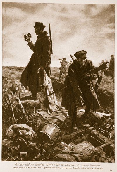 Brit katonák törmeléket eltakarítanak az ellenséges területre való előrenyomulás után, 1914-1919 alkotó: English School