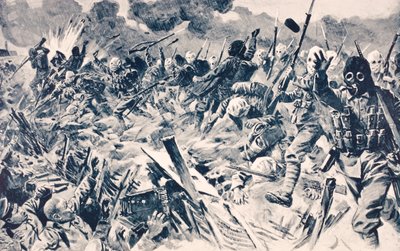 A brit csapatok gázálarcos német lövészárkokat támadnak meg a franciaországi Loosban, 1915. szeptember 25-én, a „The War Illustrated Album deLuxe” című könyvéből, amely 1916-ban Londonban jelent meg. alkotó: English School