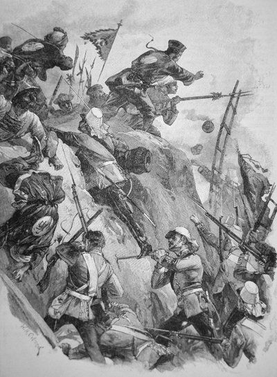Brit csapatok megrohamozták a Taku erődöket Kínában 1860-ban az ópiumháborúk idején (litho) alkotó: English School